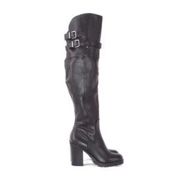 SIMPLY VERA WANG Lorne Black Over the Knee Chunky Faux Leather Boots Size 5 - Picture 1 of 11